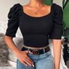 Women's Spring New Women's Simple Square Neck Puff Sleeve Top Women's Short Sleeve