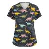 Top da Lavoro da Donna a V Manica Corta con Tasche Stampa Animali Cartone Animato Uniforme Medica Vestibilità Comoda Tessuto Resistente