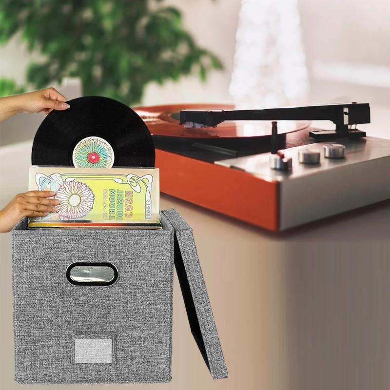 Vinyl Record Storage Box Vinyl Record Case for Lp Album Storage Linen Fabric Storage Crate Cube Bins with Lid