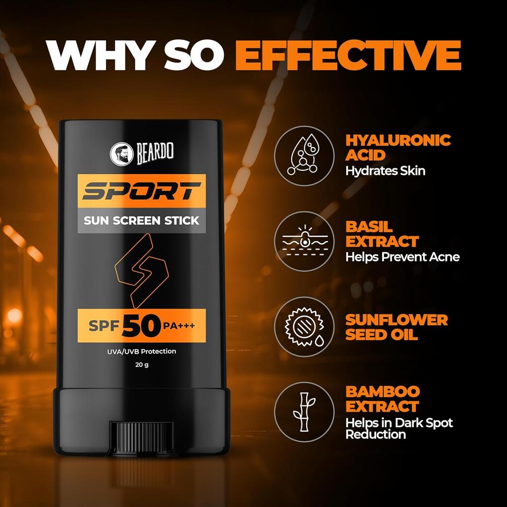 Beardo Sport Sunscreen Stick SPF 50 PA+++ Broad Spectrum UV Protection Easy Reapply No White Cast Hydrating 20 g