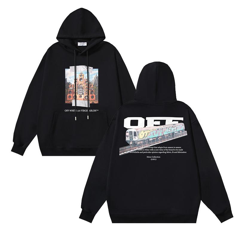 1280 Off-White 2025 Jesień/Zima Nowa Bluza z Kapturem z Nadrukiem Wzoru Pociągu Dźwiękowego Bluza z Kapturem Męska i Damska