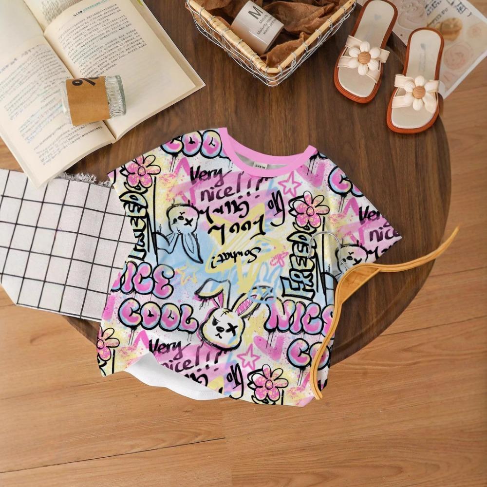 Girls' T-shirt tops fashion casual personality dressy cute pattern pullover short-sleeved