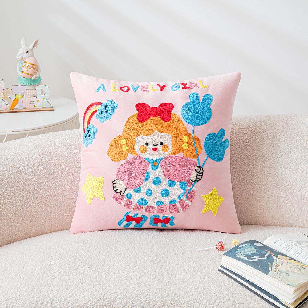 Cute Cartoon Embroidered Pillowcase Living Room Sofa Children's Room Bedside Cushion Pillow Animal Cat Pillow