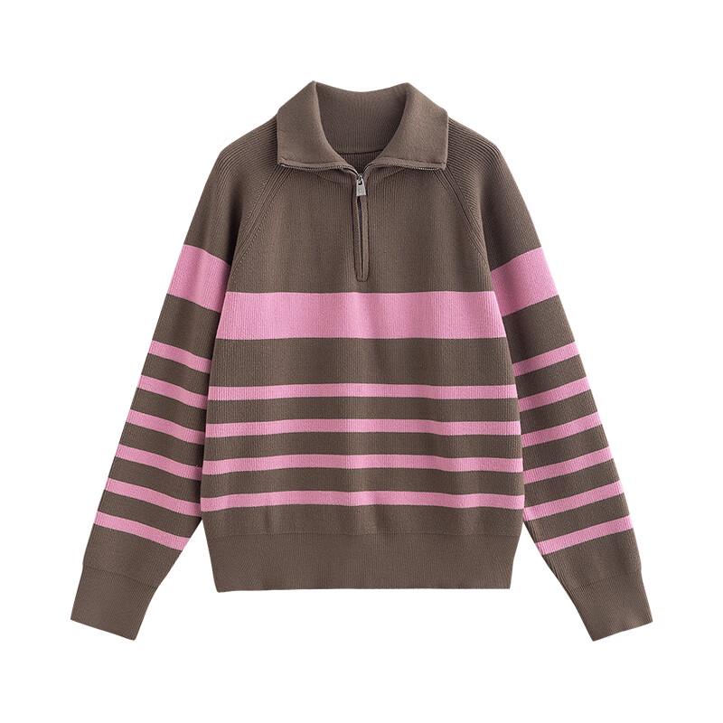 Chuyu Damen Gestreifter Reißverschluss Polokragen Langarm Strickpullover