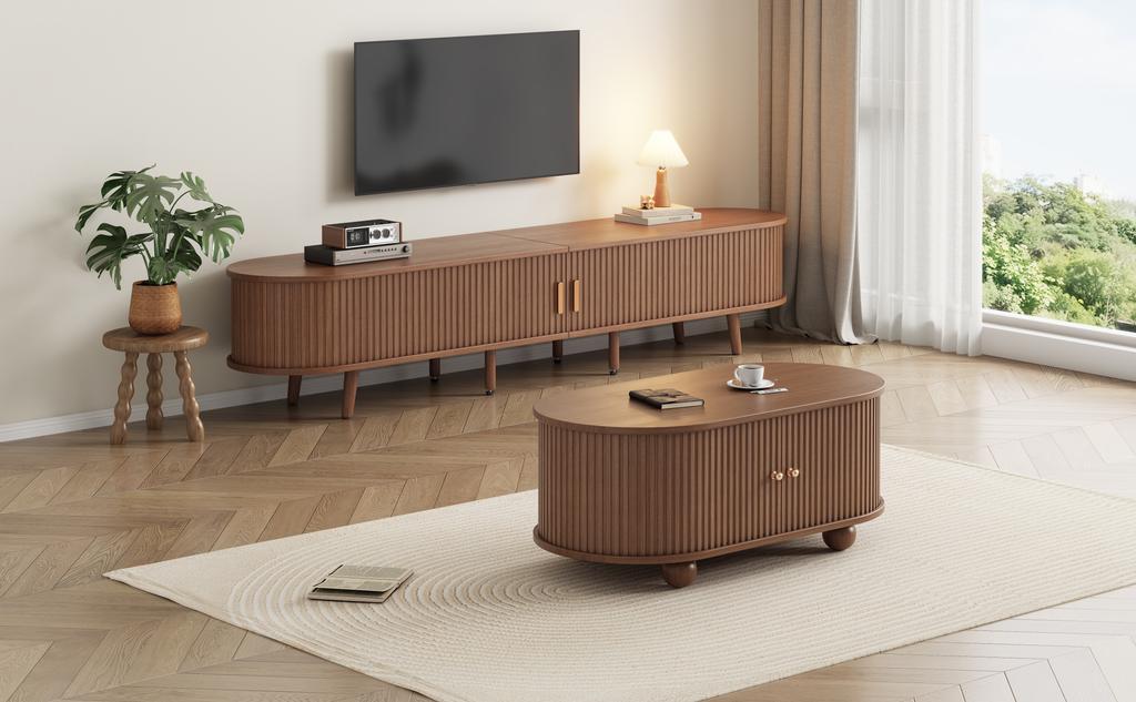 Living Room TV Cabinet with Storage Space + Coffee Table Combination, Walnut Combination In Original Wood Color, MDF, Set of 2