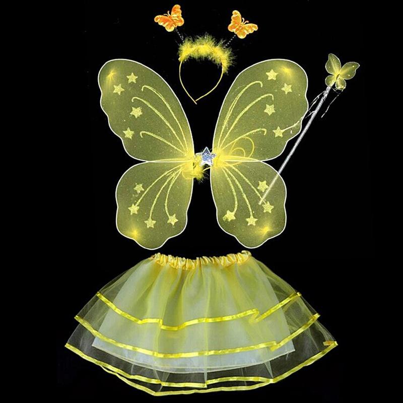 4Pcs Fairy Princess Children Costume Sets Butterfly Wings Wand Headband Tutu Skirt