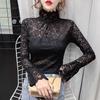 Women's Flower Lace Turtleneck Mesh Top Elegant Pullover