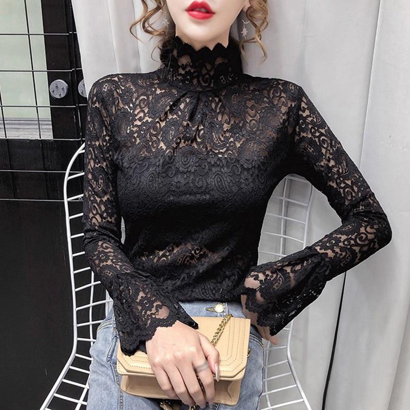 Women's Flower Lace Turtleneck Mesh Top Elegant Pullover