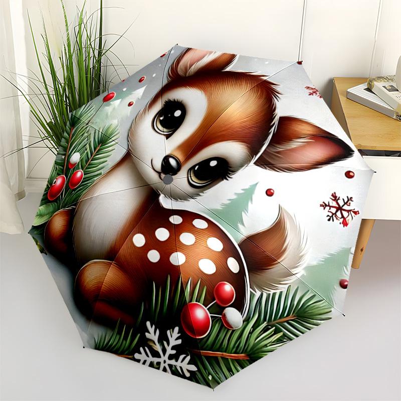 1pc Winter Deer Automatic Folding Umbrella, Lightweight Retractable Compact Travel Umbrella, 8-Rib Sturdy Frame, Fine Outdoor Umbrella086