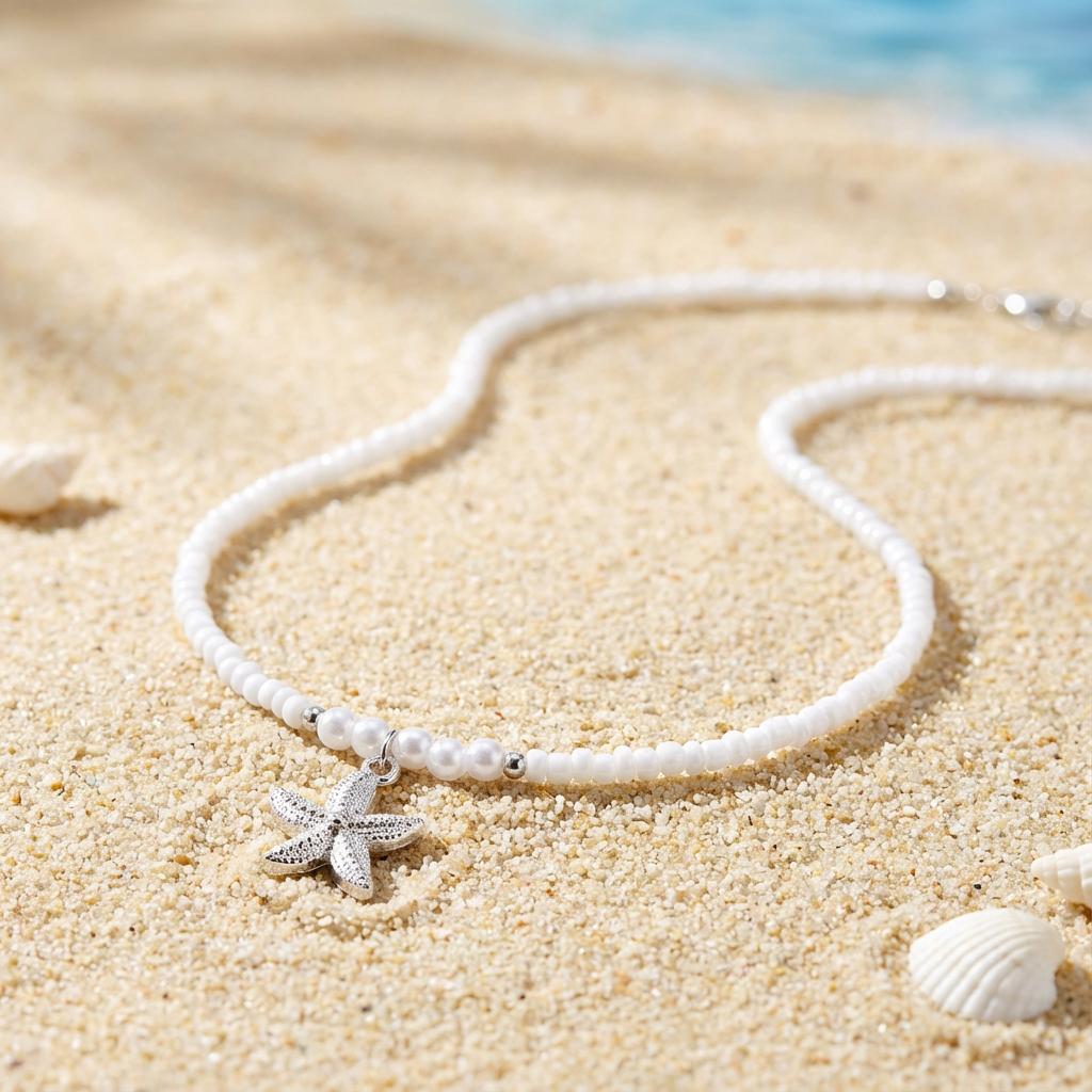Boho Summer Beach White Beaded Necklace for Women Minimalist Silver Color Starfish Pendant Choker Perfect Vacation Jewelry Gift
