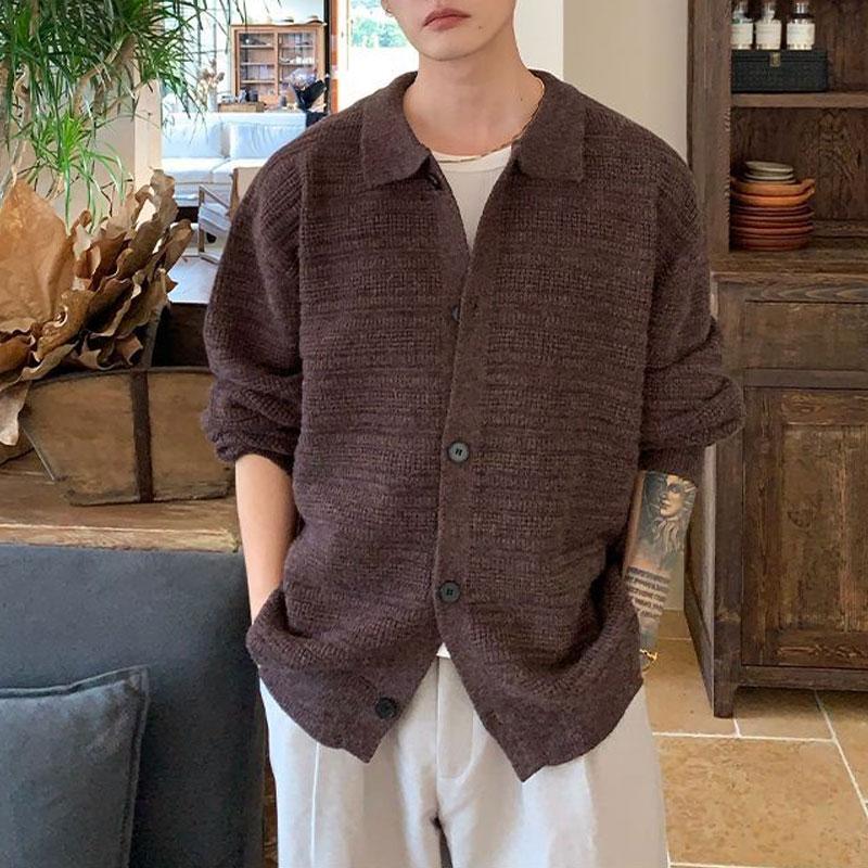 Basic Vintage Turn-down Collar Sweaters Men's Clothing Solid Color Autumn Winter Loose Casual Single-breasted Knitted Cardigan
