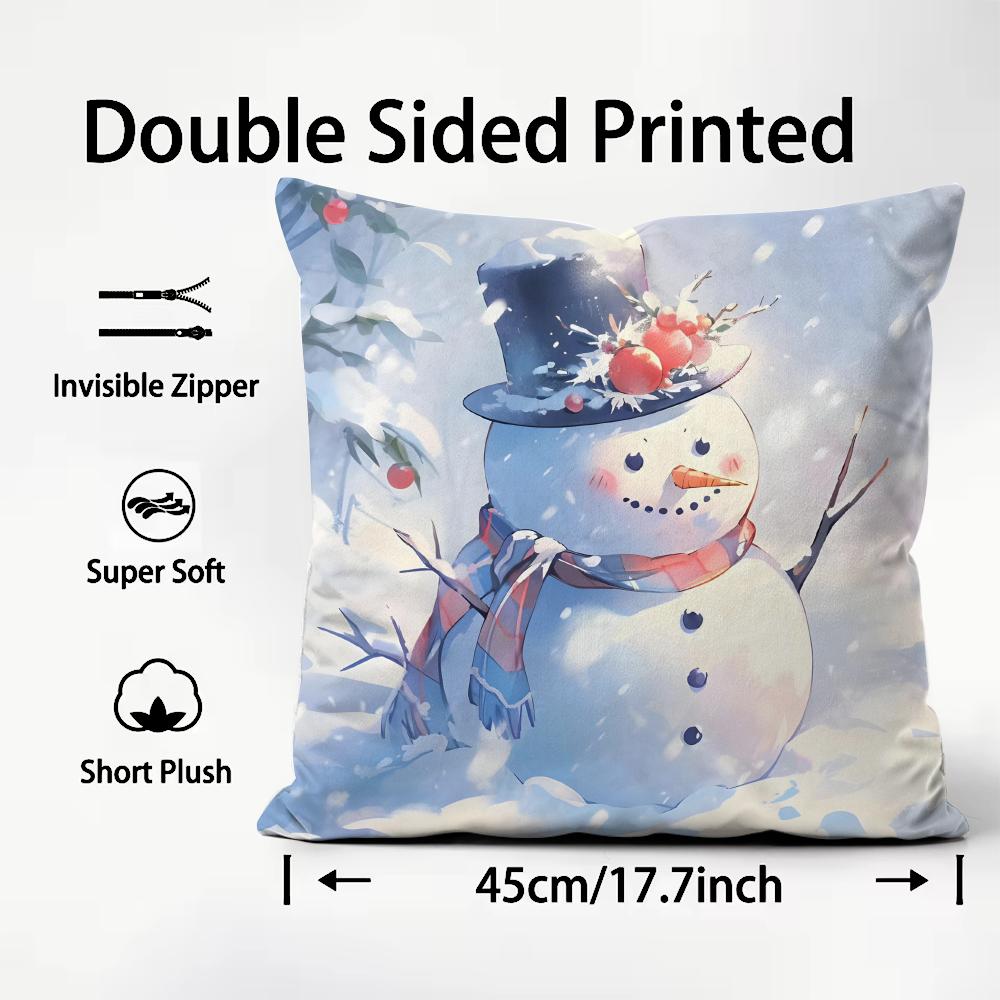 Snowman Cute Cushion Cover Plush Fabric Soft DoubleSided Printed Sofa Warm Winter Home Child Gift Pillow Case