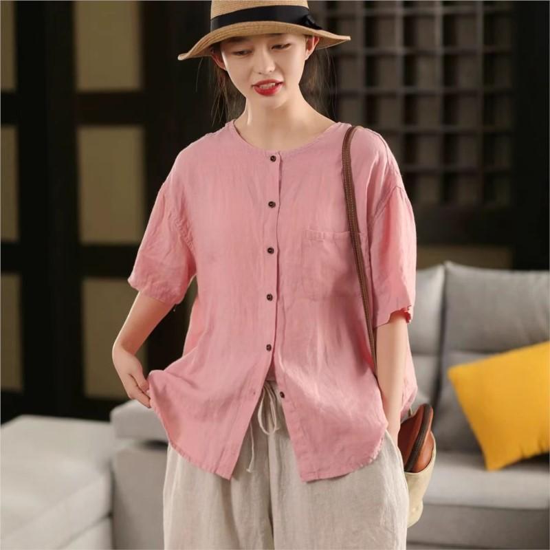 Johnature Women Vintage Solid Color Shirts O-Neck Half Sleeve Patchwork Pockets Summer Loose Casual Button Shirts