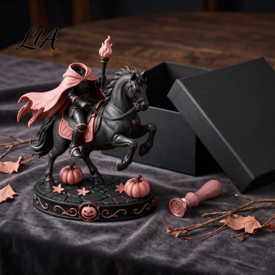 Fantasy Myth Legend Statue Headless Torch Knight Figurine with Horse Pumpkin, Gothic Pink Resin Spooky Desk Accessory for Halloween Mantel Tabletop