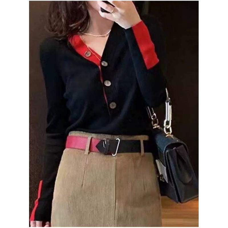 Damen Herbst und Winter Gestricktes V-Ausschnitt Unterhemd Farbblock-Pullover Slim-Pullover