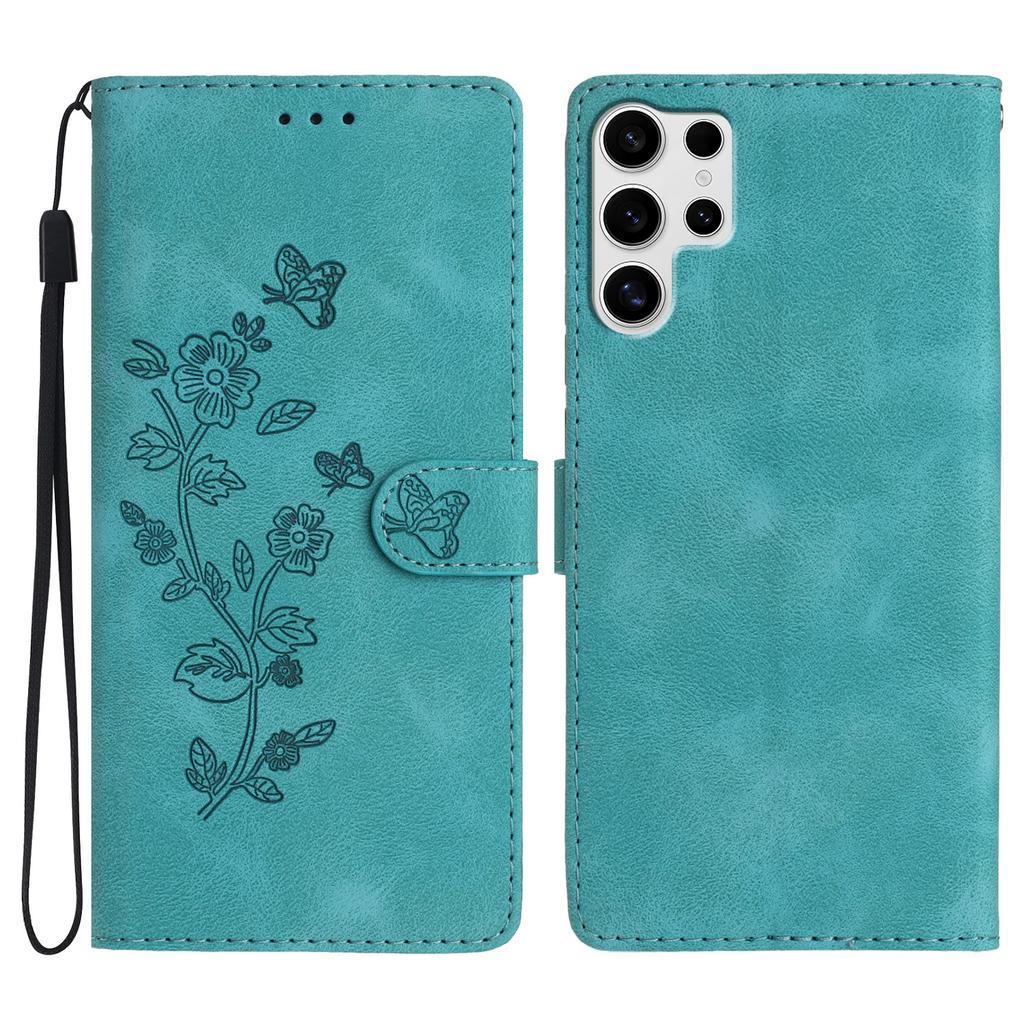 For Samsung Galaxy S25 Ultra Case Leather Imprinted Flower Phone Cover Wallet with Wrist Strap
