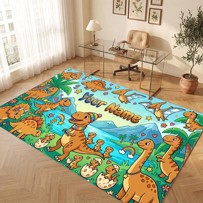 Dinosaur Theme Soft Crystal Velvet Rug Custom Name & Text Print Non Slip Floor Rug for Bedroom Living Room
