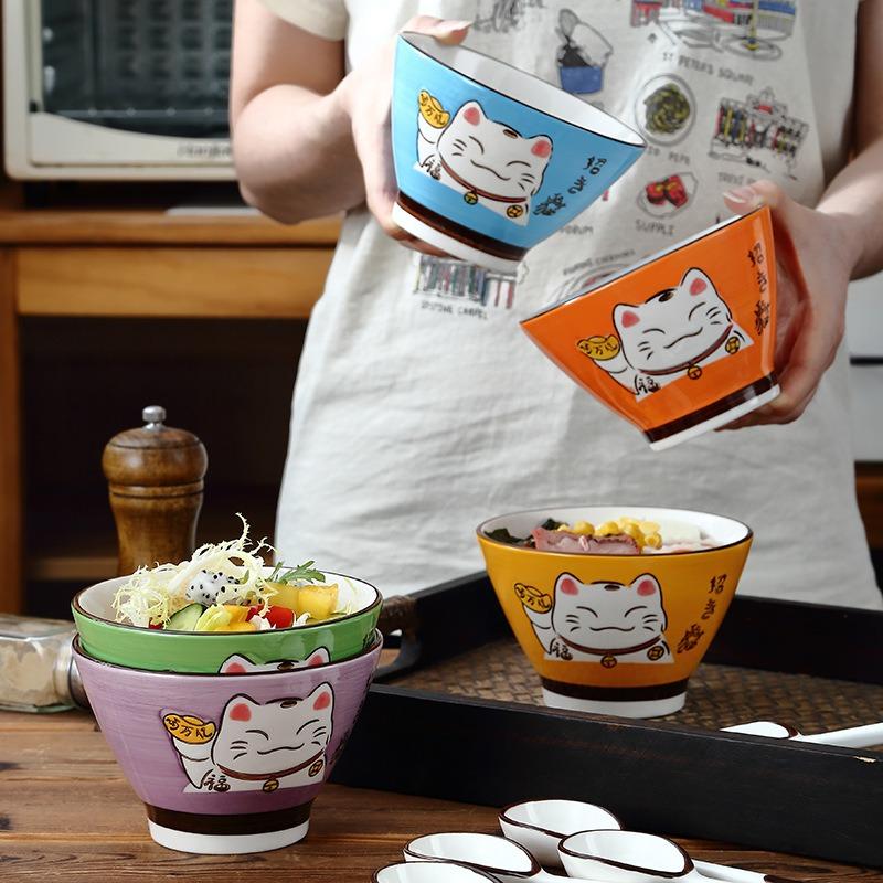 Japanese Ceramic High Bowl Multi-Sized Colorful Lucky Cat Soup Bowl Salad Bowl Underglaze Children Kitchen Household Tableware