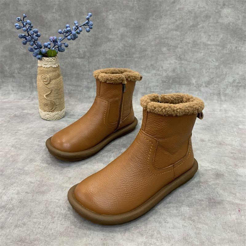Flat Bottom Round Head Retro Zipper Snow Boots Women's Autumn and Winter New Velvet Thickened Fur Warm Integrated Short Boots