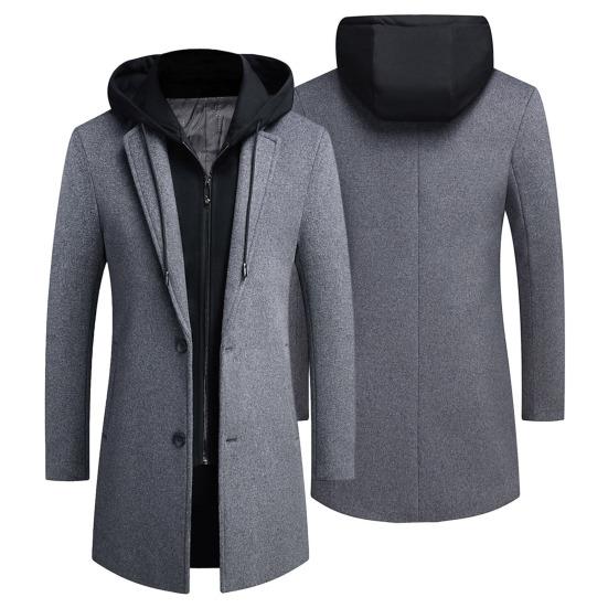 Men Winter Overcoat Fake Two Piece Wool Long Sleeves Mid Length Zipper Warm Formal Plus Size Detachable Hat Winter Coat for Daily Wear