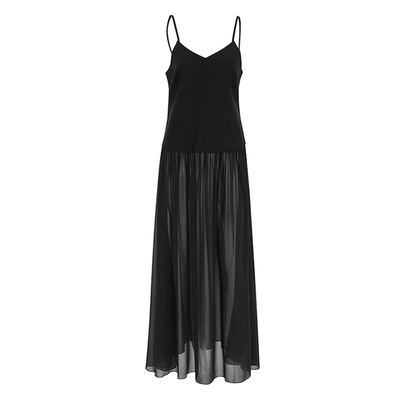 

French Style Patchwork V-neck Strap Dress Stylish Fashion Sexy Backless Spaghetti Straps Long Dress Spring and Summer Black L(Suggested 57.50 kg-62.50 kg)