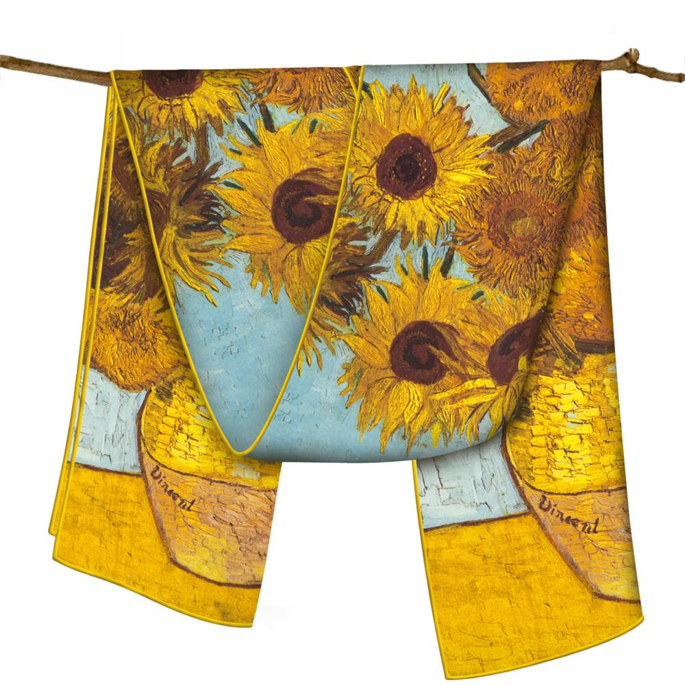 POBING Twill Silk Scarf Women Poncho Hand Rolled Luxury Oil Painting Long Scarves Wraps Bandana Big Shawl Hijabs Female Foulard