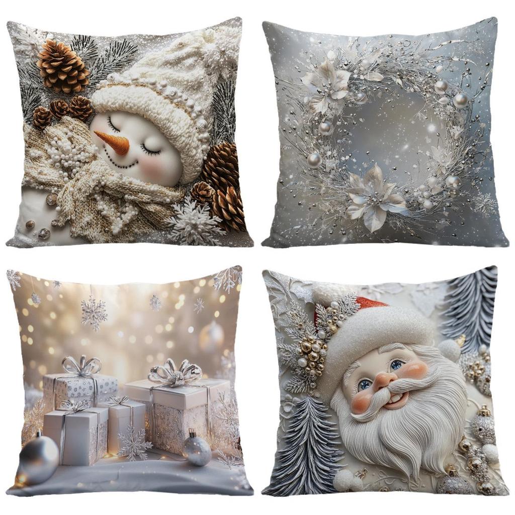 Cute Cartoon Christmas Pillowcase - Polyester Embroidered Print Sofa Cushion for Holiday Decoration
