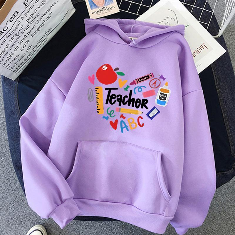 Teacher Print Long Sleeve Hoodies Woman Casual Autunm Winter Hooded Women's Y2k Sweatshirt Clothing for School 90s Female