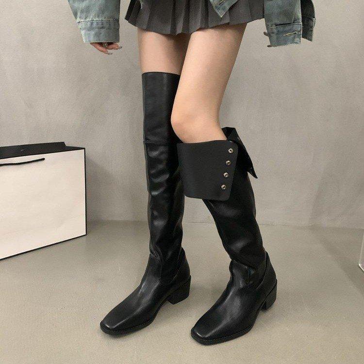 Cowhide Version~ Genuine Leather Thick-soled Versatile Two-wear Knee Boots Children's Retro Thick-heeled Stacked Boots Western Cowboy Boots