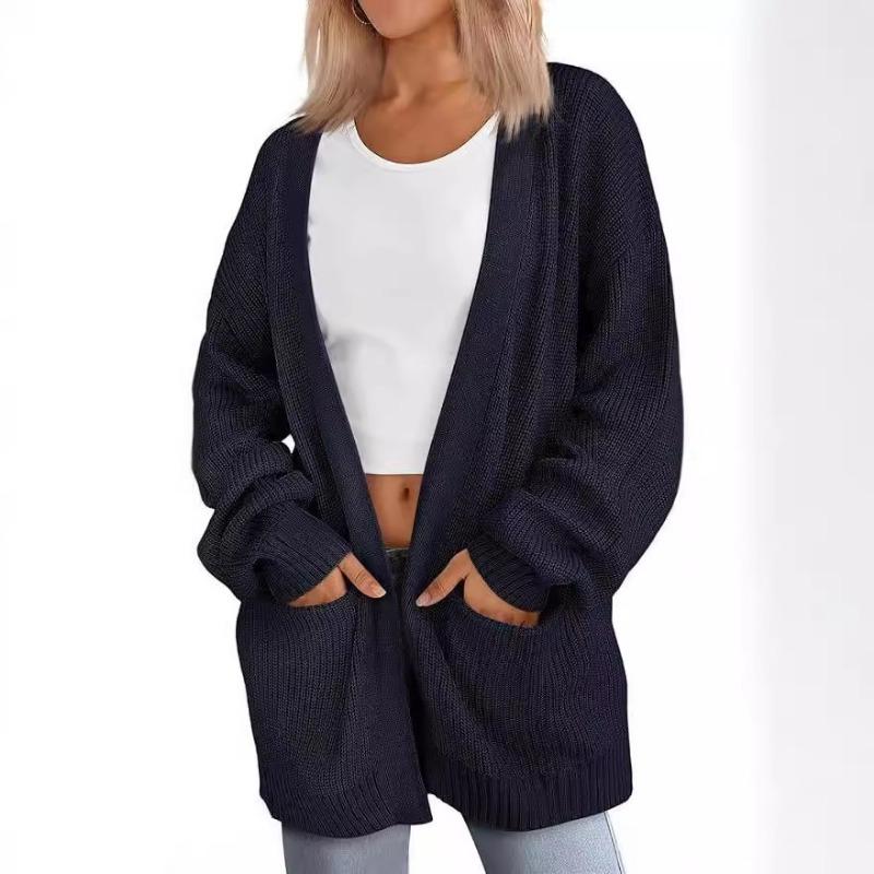 Autumn and Winter New Style 2025 European American Solid Color Loose Long Sweater Women Pocket Jacket Women