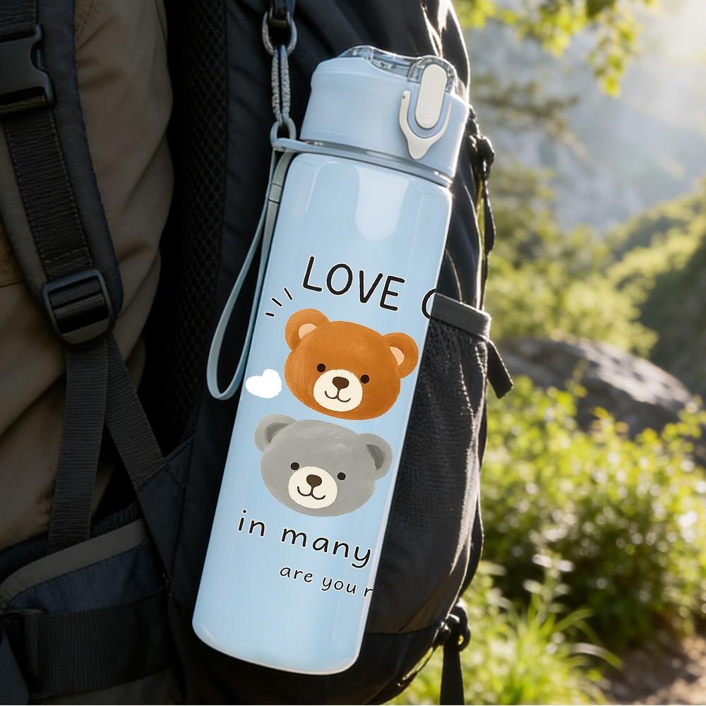 1PC Love Comes Teddy Bear 750ml Color Plastic Sports Water Bottle Leakproof Flip Straw Lid Suitable for Sports Office Home Use