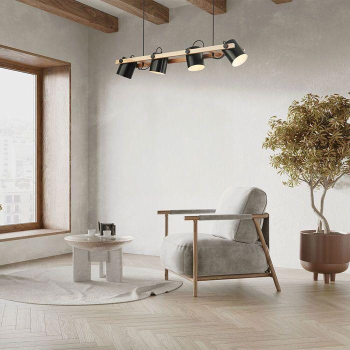 Decorative Pendant Light - BRAYTRON - BV02-00010 - 4xE27 - 23W - Black and Wood