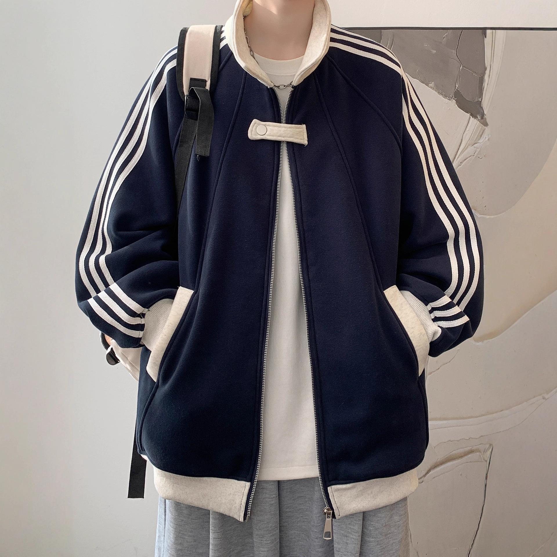 

Мужское полосатое пальто со стойкой, осенне-зимнее, свободное, повседневное, кардиган, толстовка, молодежная спортивная куртка XXL