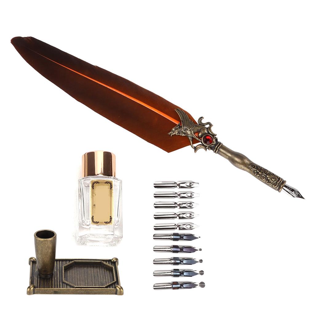 Feather Pen Set Vintage Creativity Ink Carving Writing Suit for Lover Teacher Classmate GiftBrown