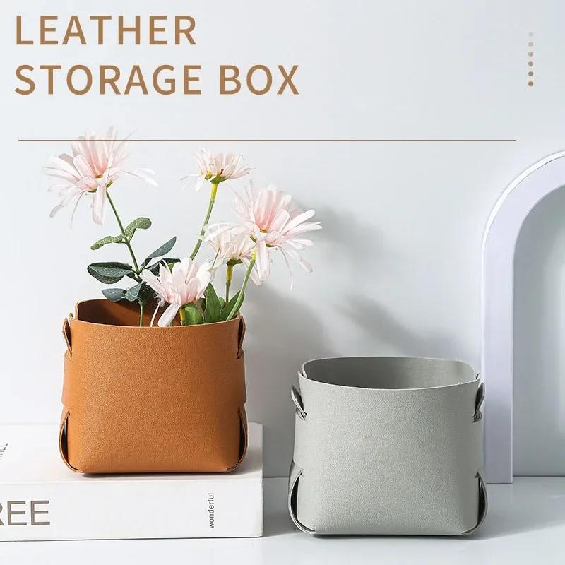 Nordic Makeup Leather Storage Pen Holder Desktop Sundry Collapsible Remote Control Sundry Bucket Storage Box