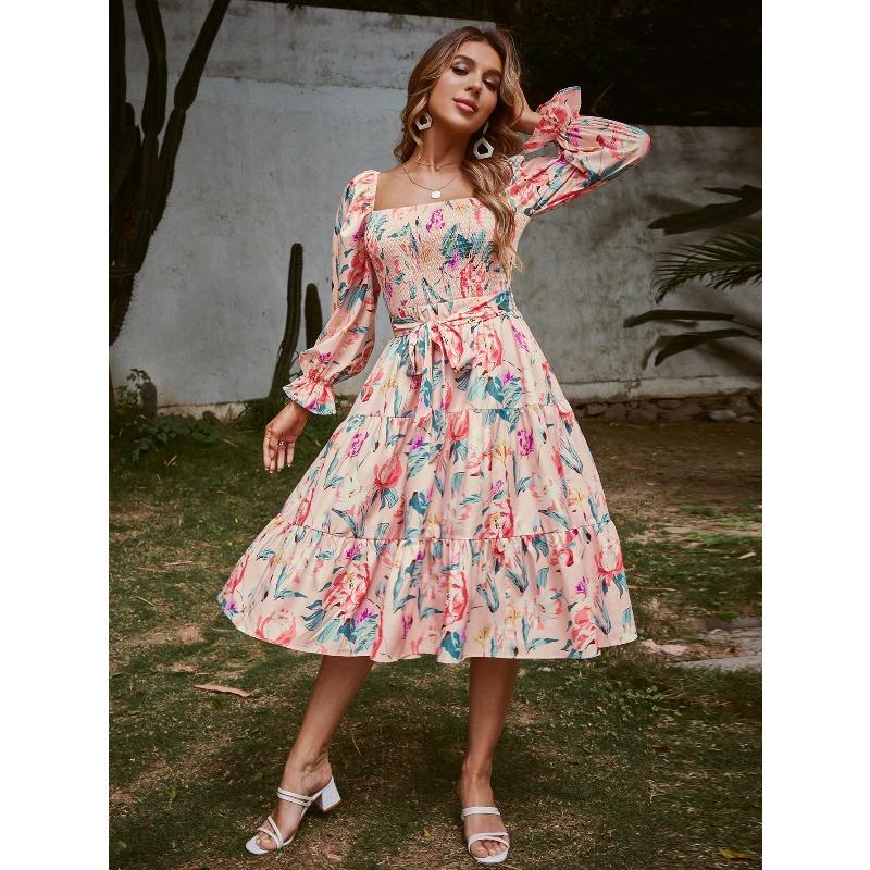 BITCED Fashion Summer Spring Long Sleeve Square Collar Casual Dresses
