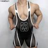 Men Summer Sleeveless Mesh Splicing Letter Print Fitted One Piece Jumpsuits Underwear Bodysuits
