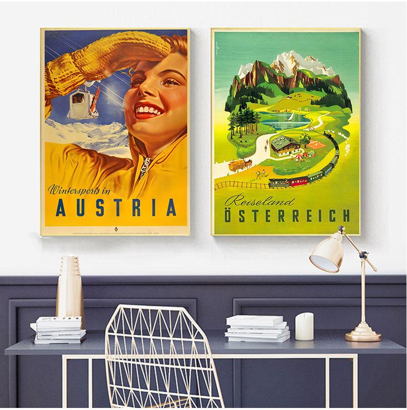 Ski In Austria Country Cable Car Vintage Travel Posters Canvas Painting Kraft Poster Coated Wall Sticker Home Decoration Gift No Frame