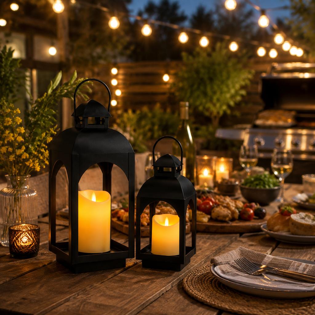 Vintage Set Of 2 Candle Lantern Black Metal Outdoor Lanterns Centerpieces for Patio Front Porch Wedding (Candles Included)