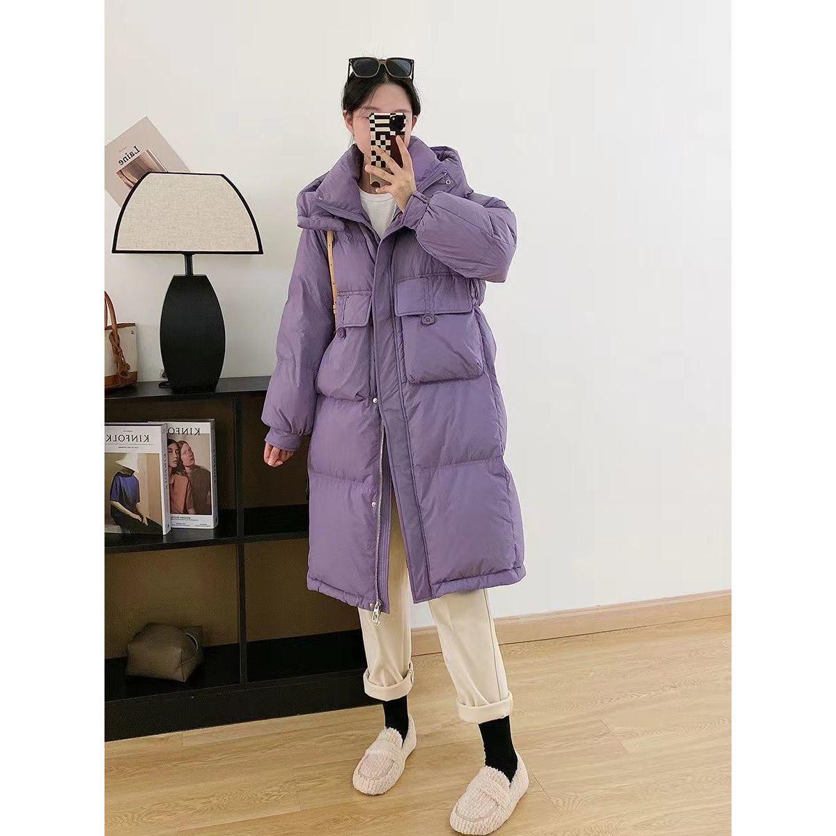 

Women s Korean Style Mid-Length Down Jacket - Hooded, Waist-Cinching, Loose Fit, Over-the-Knee, Thick Winter Coat. S (Weight 85-125 lbs)