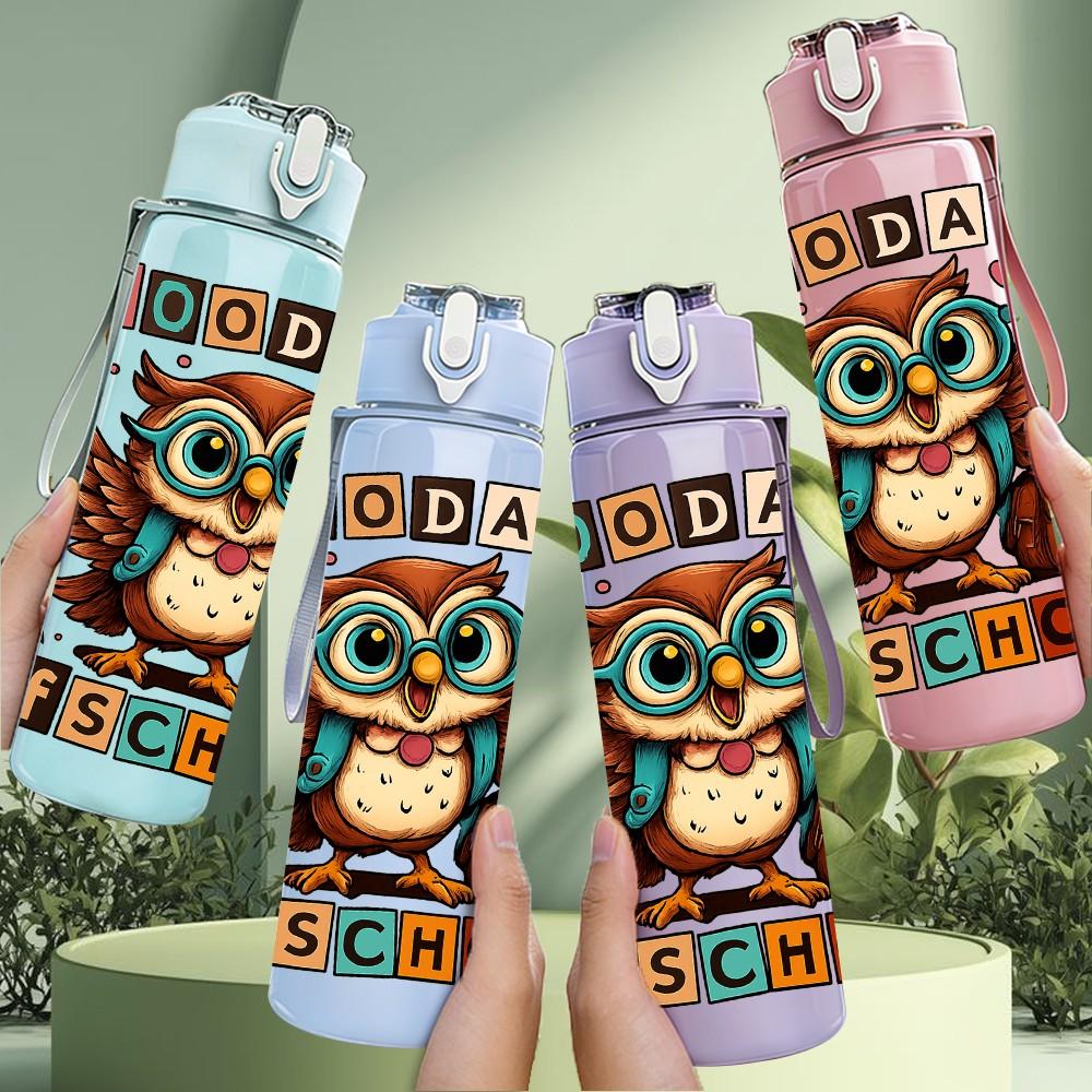 1PC Back To School Owl Text Print 750ml Color Plastic Sports Water Bottle Leakproof Flip Straw Lid Suitable for Sports Office Home Use