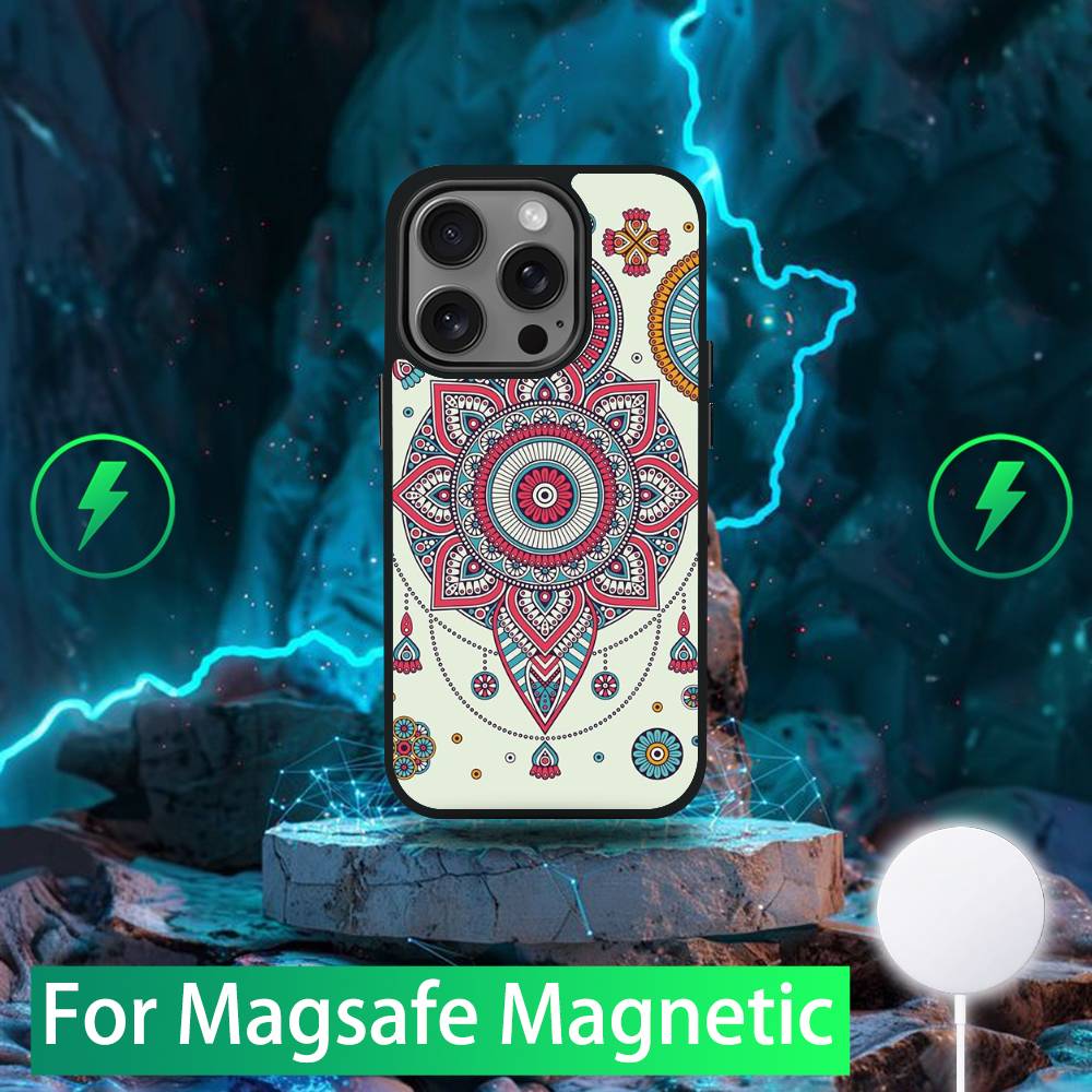 

Индийский Цветочный Хна Мандала Чехол Для Телефона Для iPhone 16,15,14,13,12,11,Pro,Max,Plus,Mini,SE Новый Магнитный Беспроводной Зарядник MagSafe iPhone13PROMAX