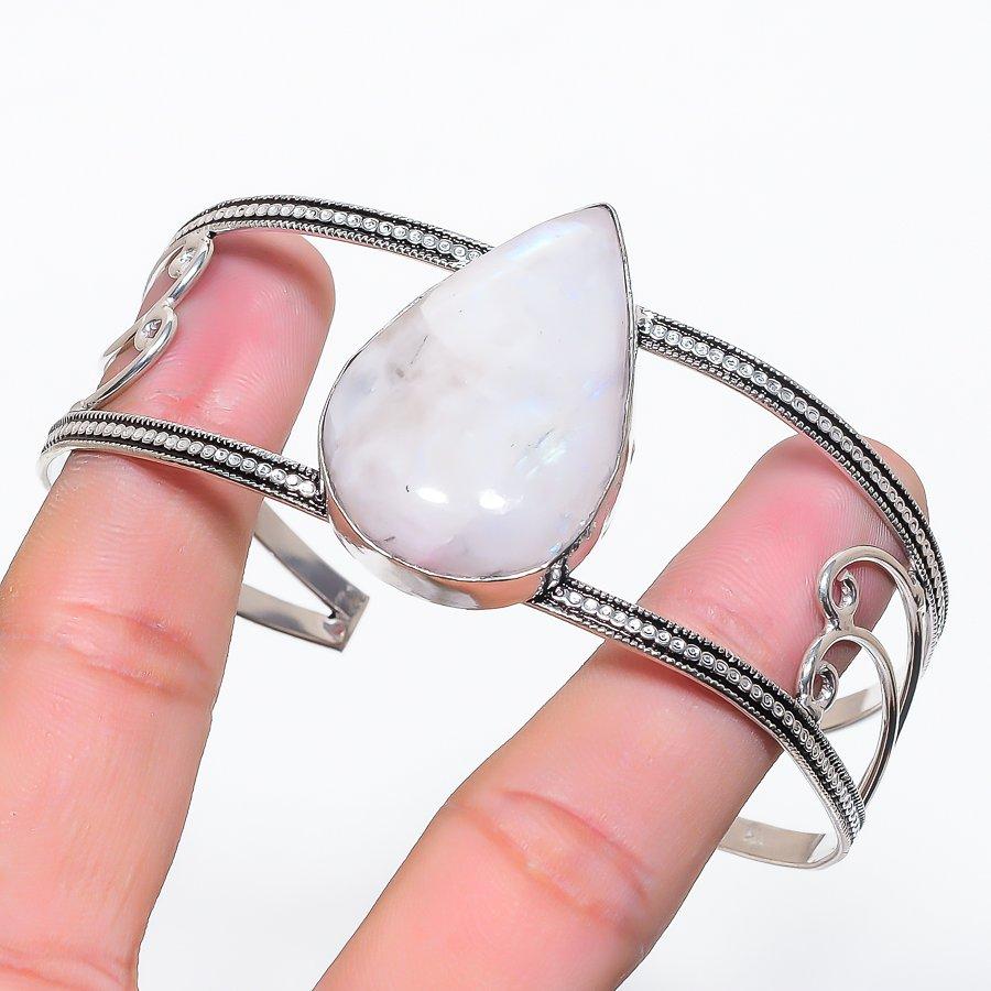 Natural Moonstone Gemstone 925 Sterling Silver Cuff Bangle Adjustable y5T47