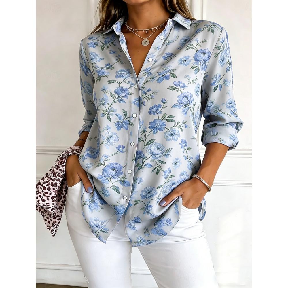 Women's Long Sleeve Floral Print Button Down Casual Shirt Elegant Daily Blouse Tops in Blue for Spring Summer