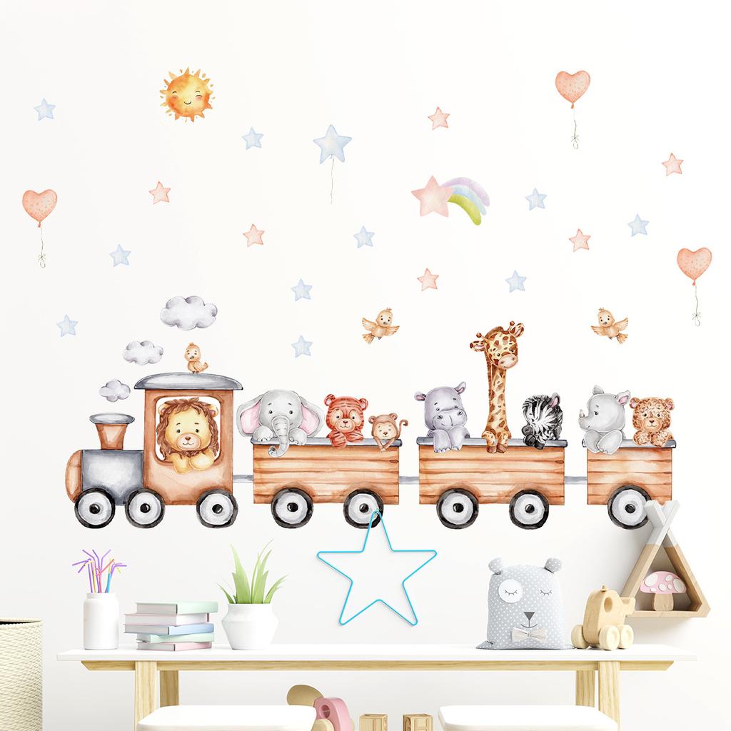 Children's Room Wall Stickers Cartoon Animals on Train Airplane Hot Air Balloon Wall Decals Baby Nursary Kindergarten Decoration