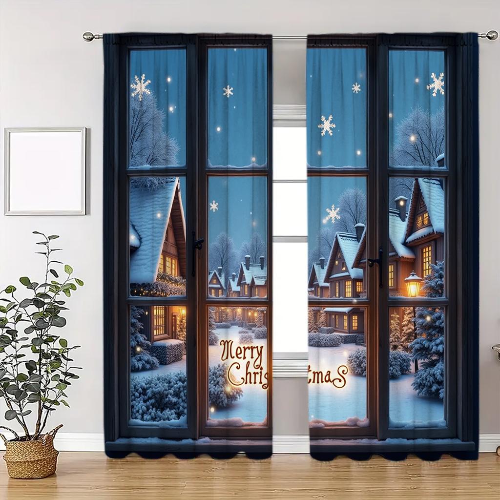 2pcs Winter Night Christmas Printed Curtain for Christmas Home Decor - Rod Pocket Window Treatment for Bedroom Office Kitchen