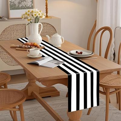 Chemin de table minimaliste à rayures noires et blanches - Décor en polyester épais pour tables de fête