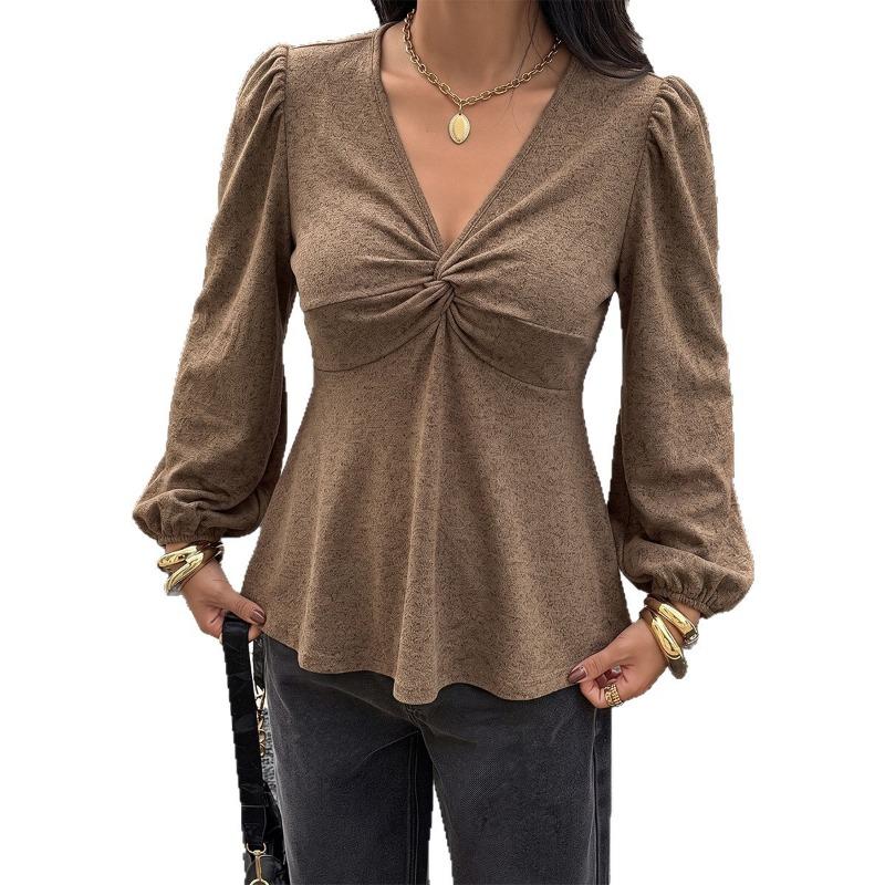 Plus Size V Neck Long Sleeve A Line Knit Top Slimming Blouse