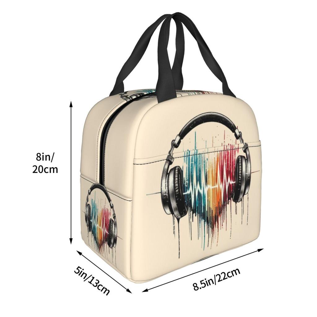 Heart Shaped Music Note With Headphones Insulated Lunch Bag for Women Kids Portable Food Boxes Thermal Lunch Box Tote