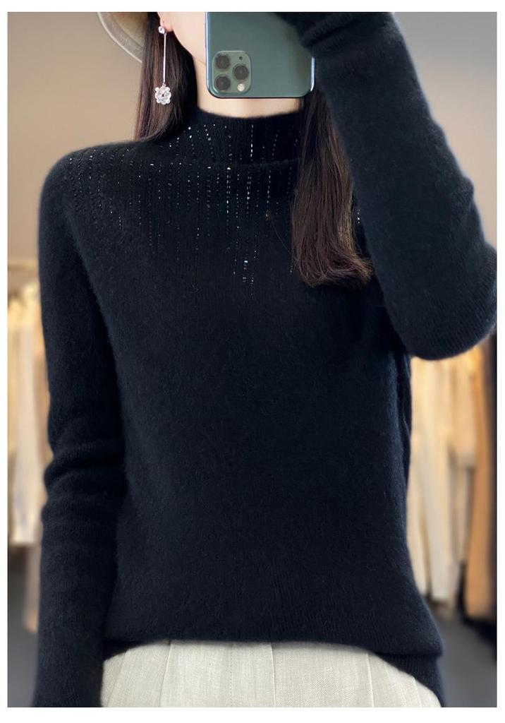 2024 Autumn/Winter Rhinestone Inlaid High Neck Fleece Sweater - Slimming and Flattering Design
